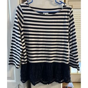 Crown & Ivy Women's Striped Lace Trim Top Navy White Long Sleeve Size Large